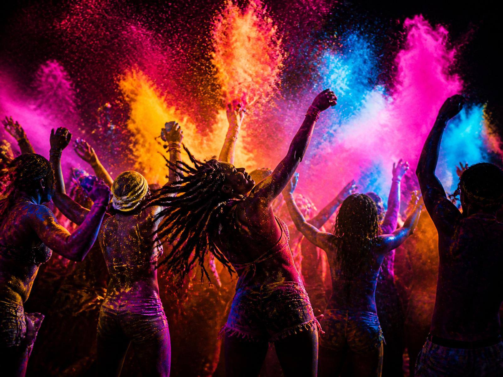 Crowd covered in neon paint at the Wet J'Ouvert Madness festival